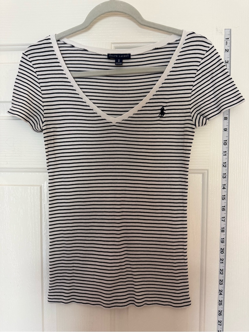 Ralph Lauren White and Black Striped V-Neck Tee